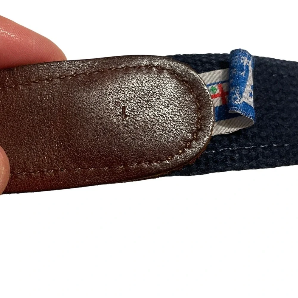 Preston Brown Leather Blue Woven Sailfish Ribbon Belt with Brass Buckle L